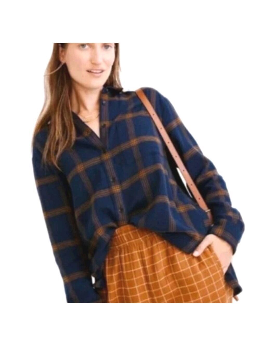 Madewell Flannel Oversized Boyfriend Shirt Plaid Navy Blue Size XXS NEW